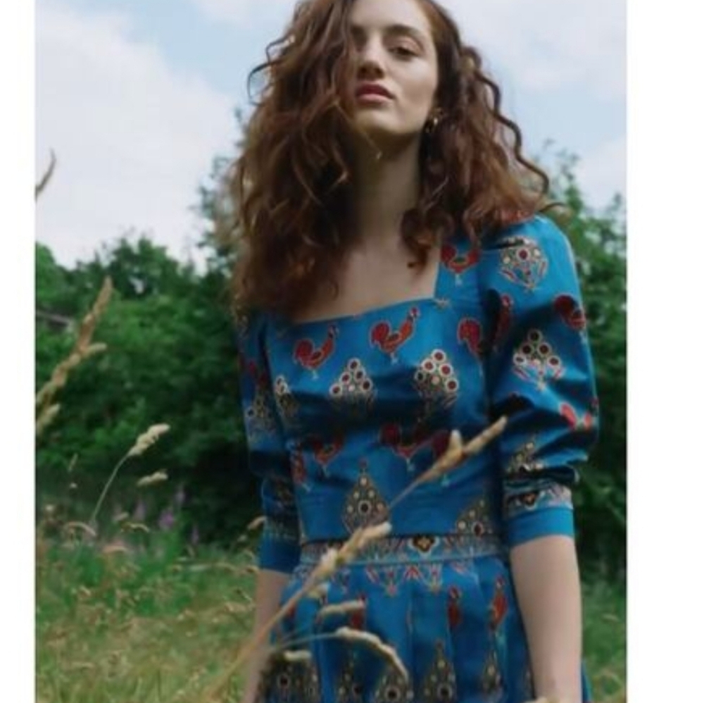 HUNTER BELL Blue Printed Puff-Sleeve Top